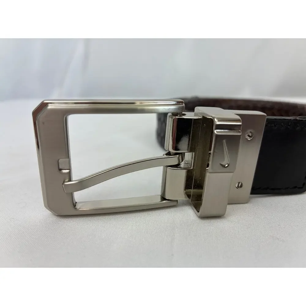Nike Woven Braided Leather Belt Reversible 36 Brown Black Silver Tone Classic